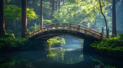A stone arch bridge spans a tranquil stream in a lush, mist-filled forest, sunlight filtering through the trees.