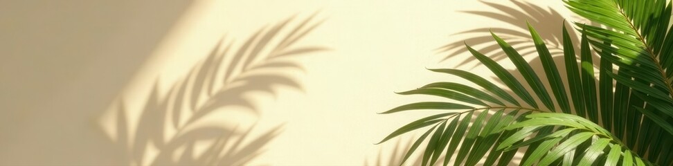 Sun-dappled palm leaves cast shadows on beige linen Minimalist tropical backdrop , photography, tropical plants, photo