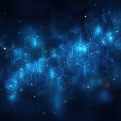 Blue network interlinked glowing hexagons with bokeh over a dark blue background