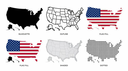 United States Vector Map Set with Flag, Silhouette, Outline, Gradient, and Pixel Styles for Educational, Patriotic, and Graphic Design Illustration Use