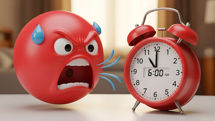 Angry red emoticon running late next to alarm clock