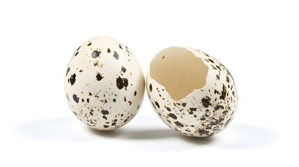 Obraz premium Two speckled quail eggs one cracked on white shell