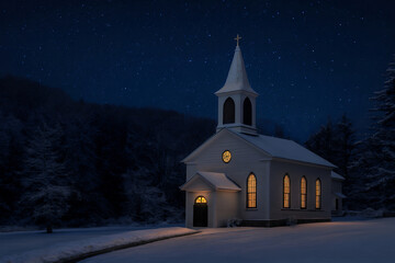 Old fashioned country church in twilight with starry sky at Christmas