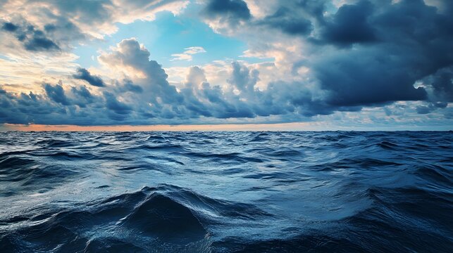 A vast, deep blue ocean with rolling waves under a dramatic sky filled with dark, stormy clouds. - Powered by Adobe