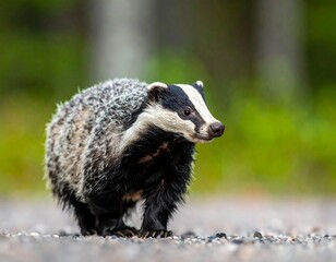 A European badger stands on a gravel path, looking right