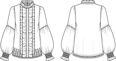 Women ruffle high neck blouse fashion flat sketch long puff sleeve lace hem front back view apparel design cad drawing flat vector illustration