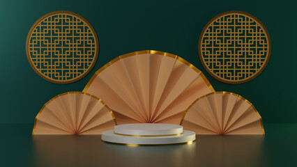Chinese new year and Product display for display concept.White podium display mock up on green abstract background with hand paper fan.3d rendering geometric shape.minimal abstract background,copy spa