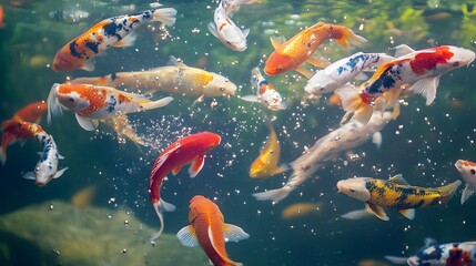 A vibrant school of colorful koi fish swim in a pond, their scales shimmering in the sunlight.