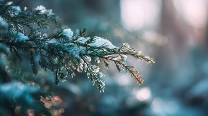 Winter garden with snow-laden evergreen branches and bokeh light