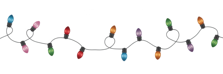 String of colorful christmas lights isolated on transparent background