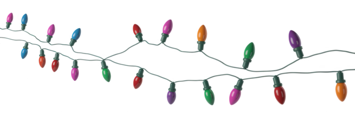 String of colorful christmas lights isolated on transparent background