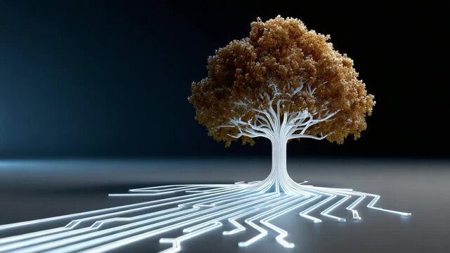 Evolving Ecosystem: An imaginative portrayal of a tree with interconnected roots that symbolize the growth of technology, the image encapsulates the harmony between nature and innovation.