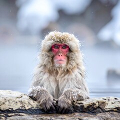 Fototapeta premium A Japanese macaque bathes in hot springs amid snowfall