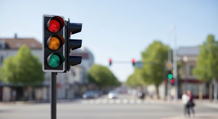 A traffic light with red, yellow, and green lights, situated on a city street with buildings and trees in the background.