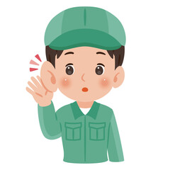 聞き耳を立てる作業服を着て帽子を被った男性　上半身イラスト／Man wearing work clothes and a cap listening carefully with a hand to his ear, upper body illustration
