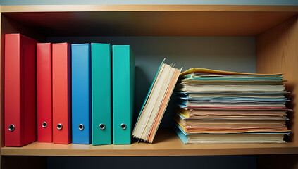 Office Shelf with Blue Folders and Stack of Books and Documents