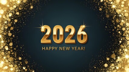Celebrating the arrival of 2026 with golden confetti and sparkles on a dark background
