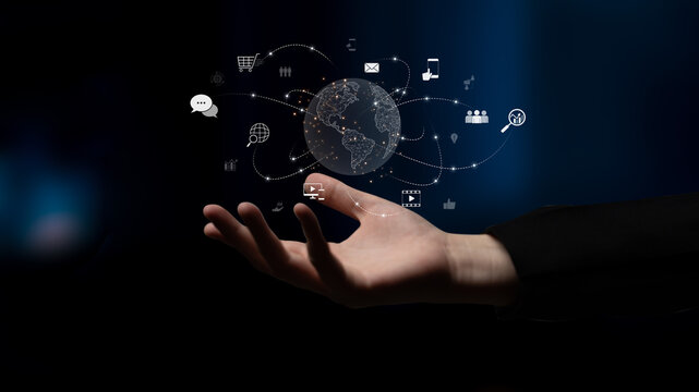 Visualization of global digital communication and online across multiple platforms, including global network, digital network, communication network, and online network. Latch - Powered by Adobe