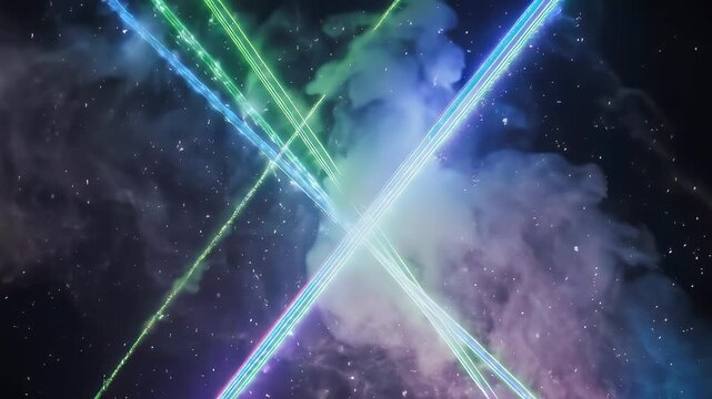 Abstract scene with intersecting glowing lines and particles in a hazy space