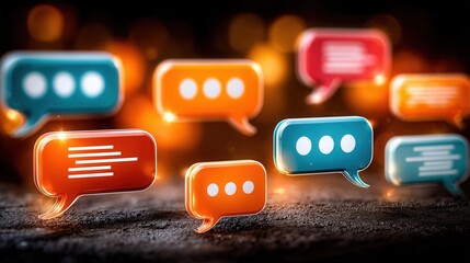 Vibrant chat bubbles floating in dark space with glowing effects