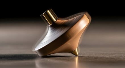A finely crafted brass spinning top in motion, casting a sharp shadow on a dark surface with blurred motion effect