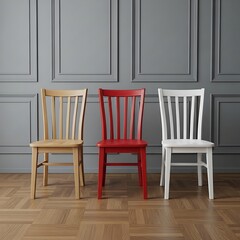 Three Chairs in Front of Gray Wall wooden chairs red chair