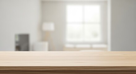 Fototapeta premium A wooden table top in a modern, minimalist living room with a window and a lamp.