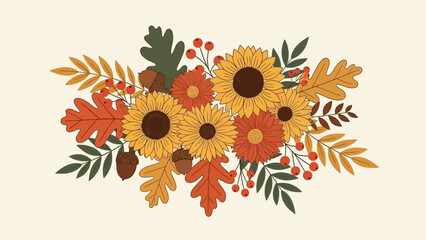 Cozy Autumn Floral Arrangement with Sunflowers, Oak Leaves, Red Berries, and Pinecones, on a Light Beige Background © Nasikhan