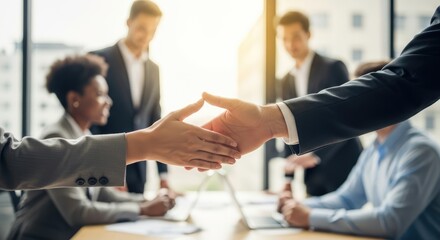Two hands shaking in a business setting.
