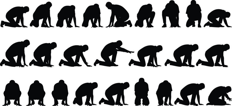 Kneeling man silhouettes sequence, male human crouching and praying poses, emotional body language, black figures isolated on white background