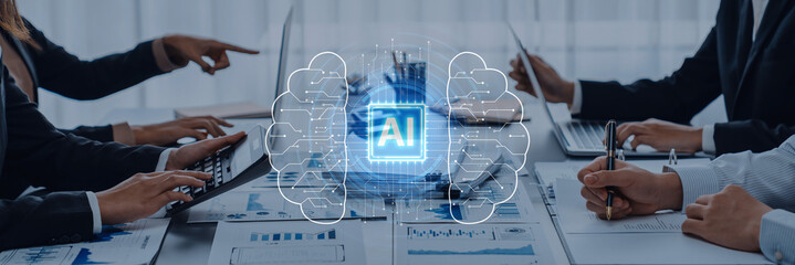 A business team works together on an artificial intelligence project, featuring a digital brain visualization and various data analytics charts in a modern office environment. Trope
