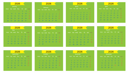 2026 calendar template. Corporate and business planner diary. The week starts on Monday. Set of 12 months of pages.
