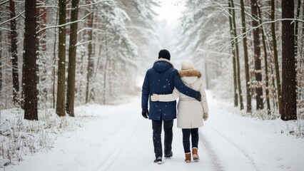 Couple walking hand in hand on a snowy forest path during winter.