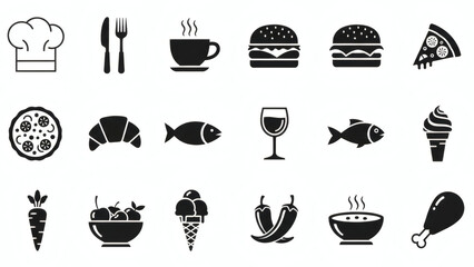 A comprehensive collection of diverse food and beverage icons, perfect for menus, apps, and digital design projects, offering a wide array of culinary themes