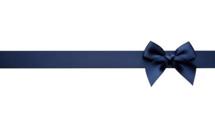 Sophisticated navy blue satin ribbon horizontally stretched with a decorative bow on a deep black background, ideal for elegant celebration and holiday marketing promotions.