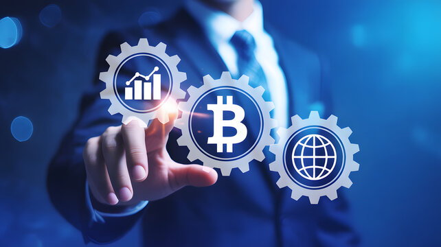 Investor activating Bitcoin blockchain technology for global finance and market growth digitally - Powered by Adobe