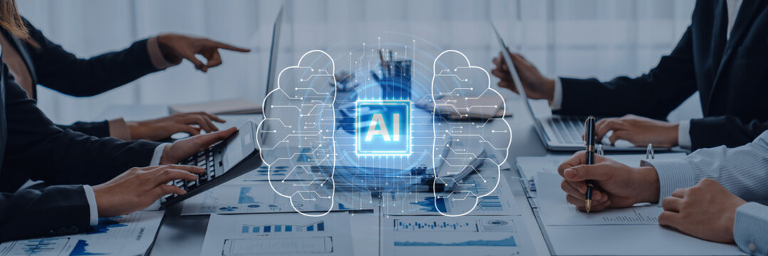 A business team works together on an artificial intelligence project, featuring a digital brain visualization and various data analytics charts in a modern office environment. Trope - Powered by Adobe