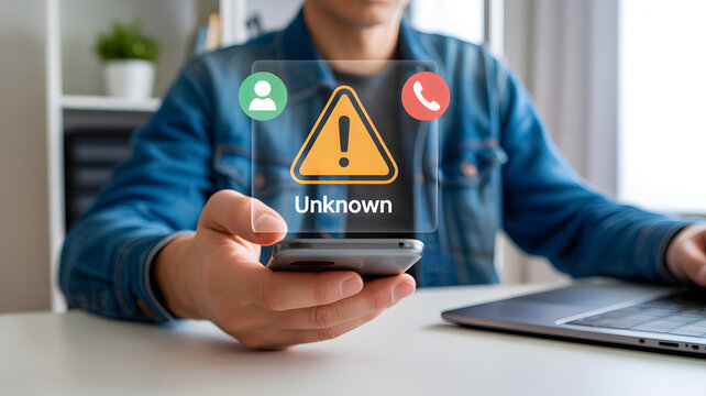Anxious man receives unknown call with warning triangle on smartphone for security caution - Powered by Adobe