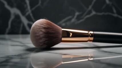 closeup slider right shot of luxury makeup brush placed on a sleek marble surface