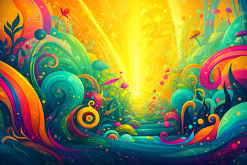 AI generated vivid fantasy abstract landscape with bright yellow light center lush swirling shapes in green blue pink and orange playful whimsical energy modern background with clean space for text