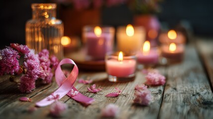 Pink Ribbon with Candles and Flowers for Cancer Awareness