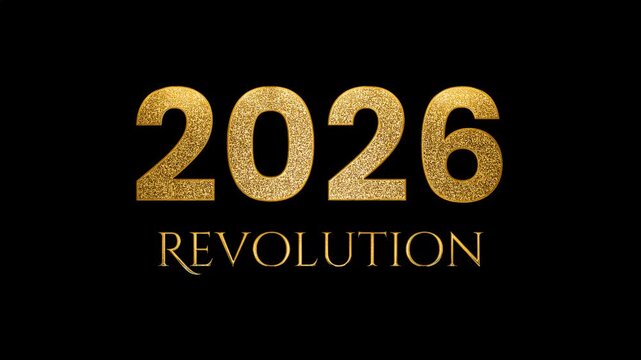 2026 revolution text design with golden glitters lights animation video