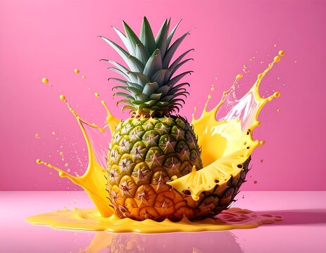 Ripe pineapple with a vibrant juice splash against a pink backdrop