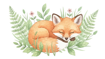 Cute Sleeping Fox Watercolor Illustration with Botanical Leaves
