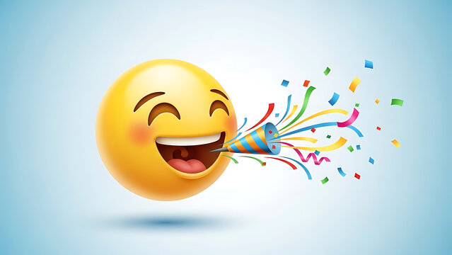 Happy laughing emoji with colorful confetti celebrating joy