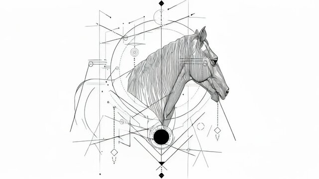 A horse head with a lot of detail and a lot of lines. The horse is drawn in black and white. Horse zodiac emblem in line art style, geometric balance, elegant simplicity