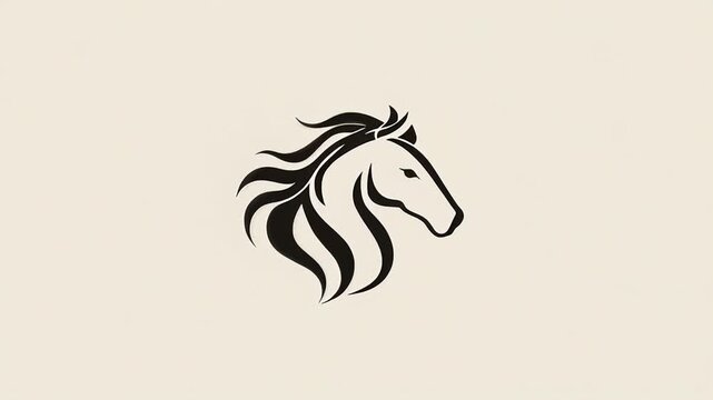 A horse head with a long mane and a short nose. The horse is depicted in a black and white color scheme. Horse zodiac icon in elegant line art, soft curvature, uncluttered modern aesthetic