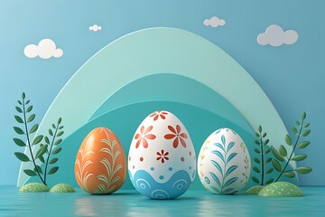 Vertical 3D render. Stylized cute 3D bunny and colorful glossy eggs floating at the bottom