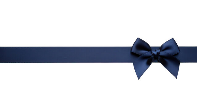 Elegant dark blue textured ribbon and a beautifully tied bow isolated on a minimalist black background, perfect for luxury designs and celebrations.