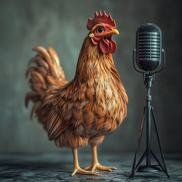Stylized cartoon chicken in 3D, feathered with soft textures, perched confidently next to a vintage mic stand. Stage lights shine from above, and its beak is wide open in mid-joke. The grey background